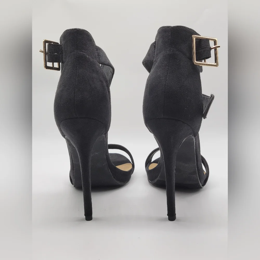 JustFab Black Suede Ankle Strap Stiletto Heels